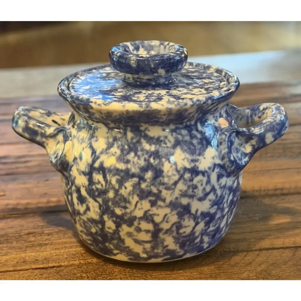 Vintage Hand Made Stoneware GARLIC KEEPER Jar Blue White Artist Signed 3820/68
